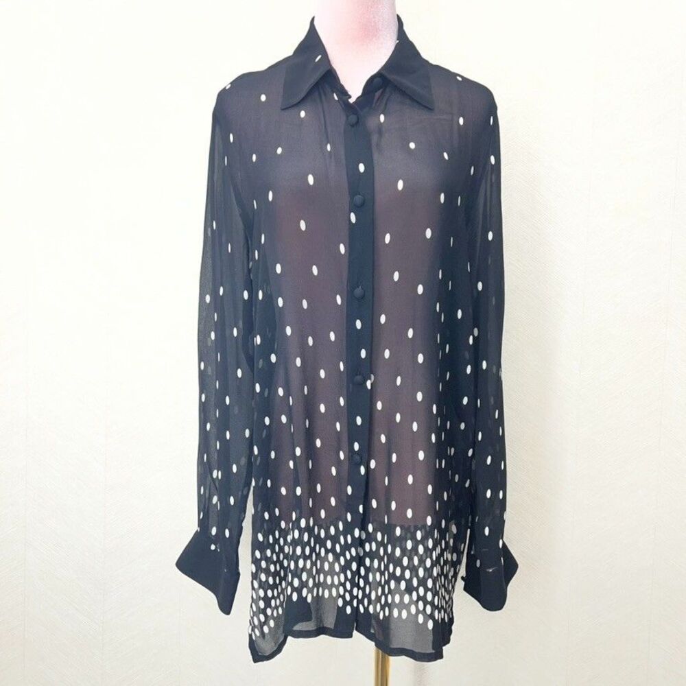 Vintage Lord & Taylor Black Silk Polka Dot Sheer Blouse Shirt Womens Size 12